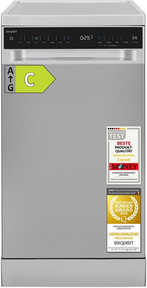 exquisit Standgeschirrspüler GSP9311-450C silber, 8,3 l, 10 Maßgedecke, 10 Maßgedecke, 7 Programme, LED, Besteckkorb, AquaStop