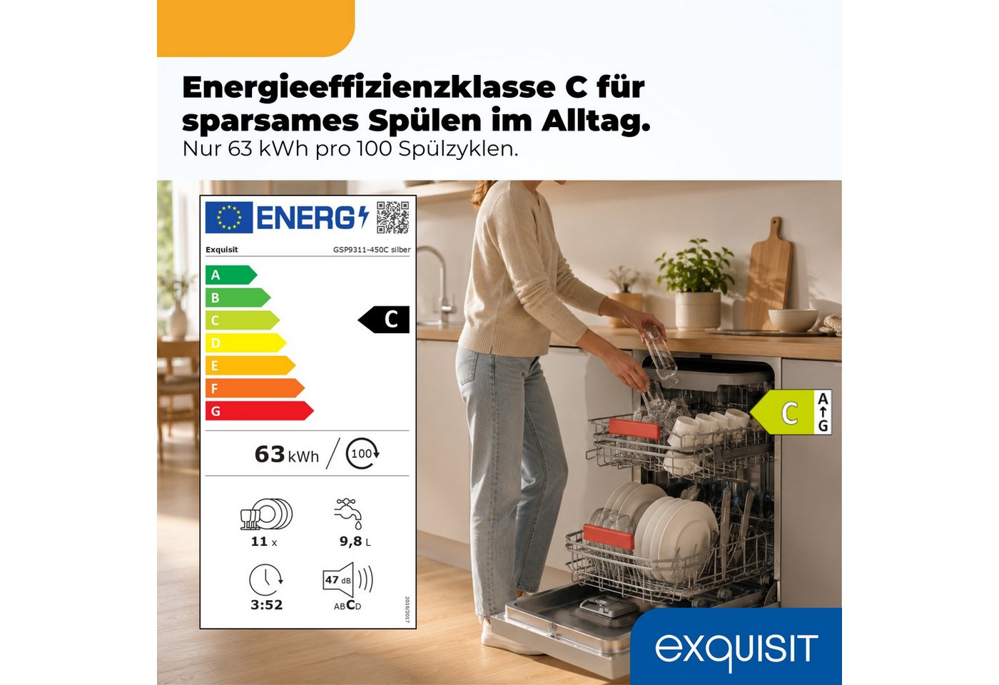exquisit Standgeschirrspüler GSP9311-450C silber, 8,3 l, 10 Maßgedecke, 10 Maßgedecke, 7 Programme, LED, Besteckkorb, AquaStop Bild 2