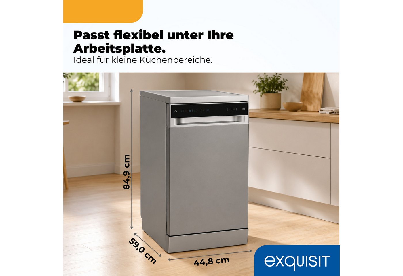 exquisit Standgeschirrspüler GSP9311-450C silber, 8,3 l, 10 Maßgedecke, 10 Maßgedecke, 7 Programme, LED, Besteckkorb, AquaStop Bild 4