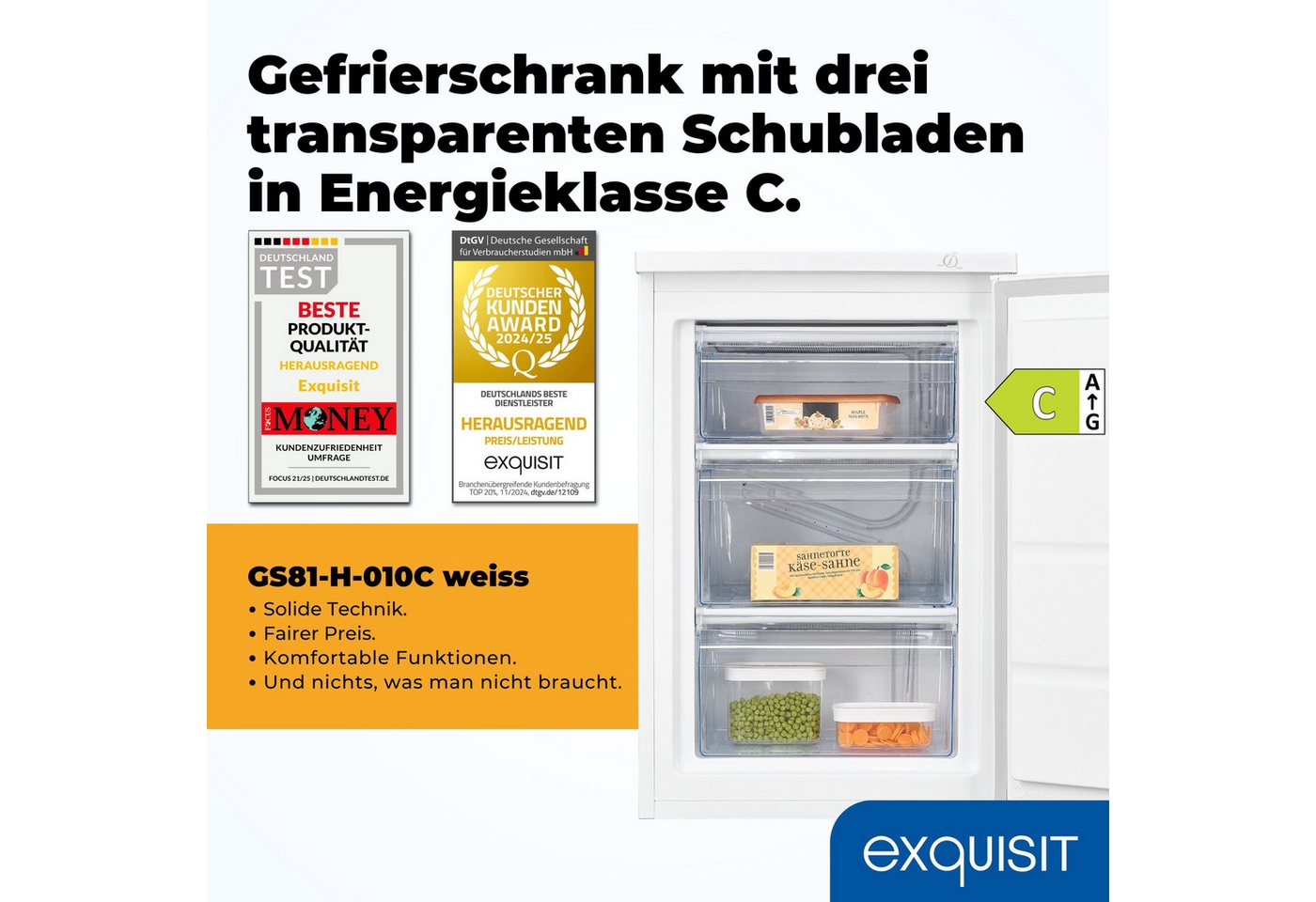 exquisit Gefrierschrank GS81-H-010C weiss, 84,5 cm hoch, 56 cm breit, Türgriff für Komfort, flexible Gefrierschubladen für mehr Ordnung Bild 2