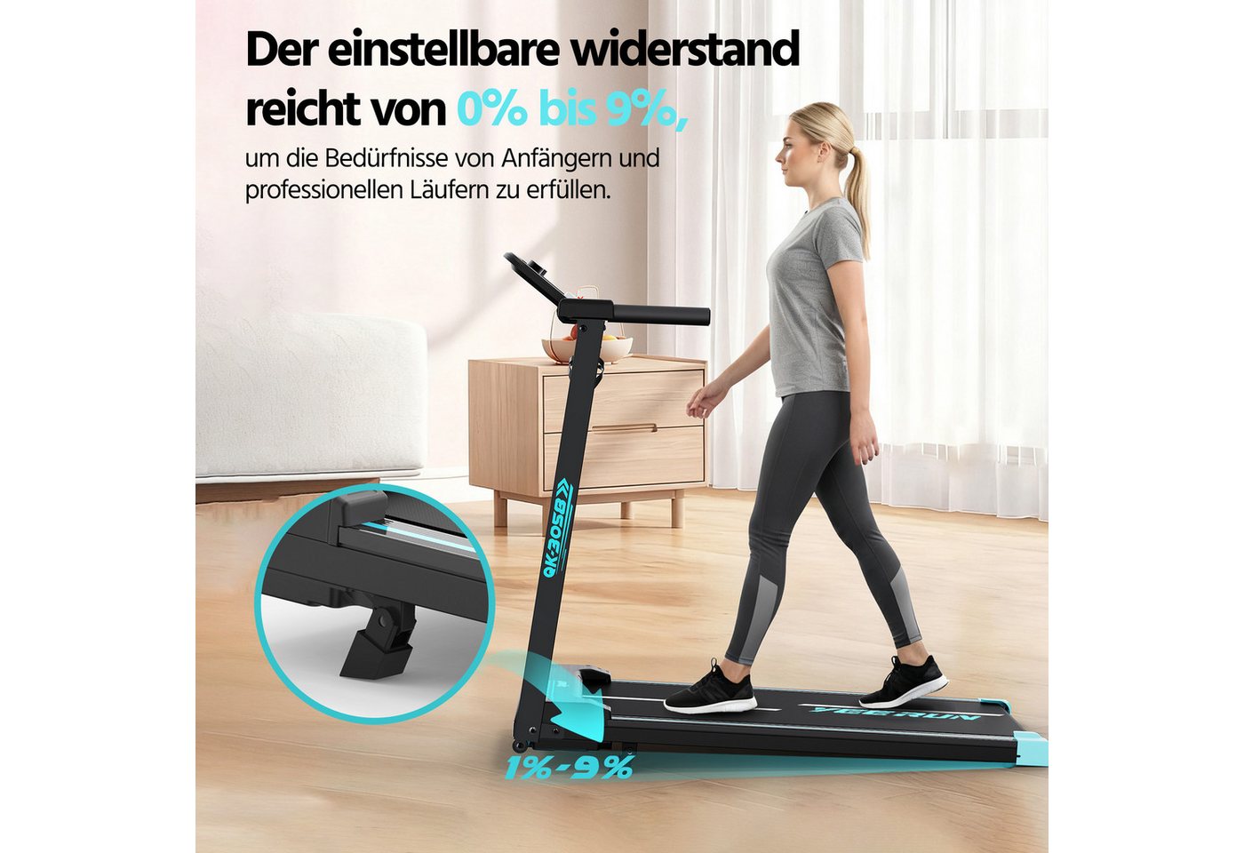 YEE RUN Laufband für Zuhause, 3 in 1 Treadmill klappbar, 9% Steigung, 3HP, 1-14 km/h