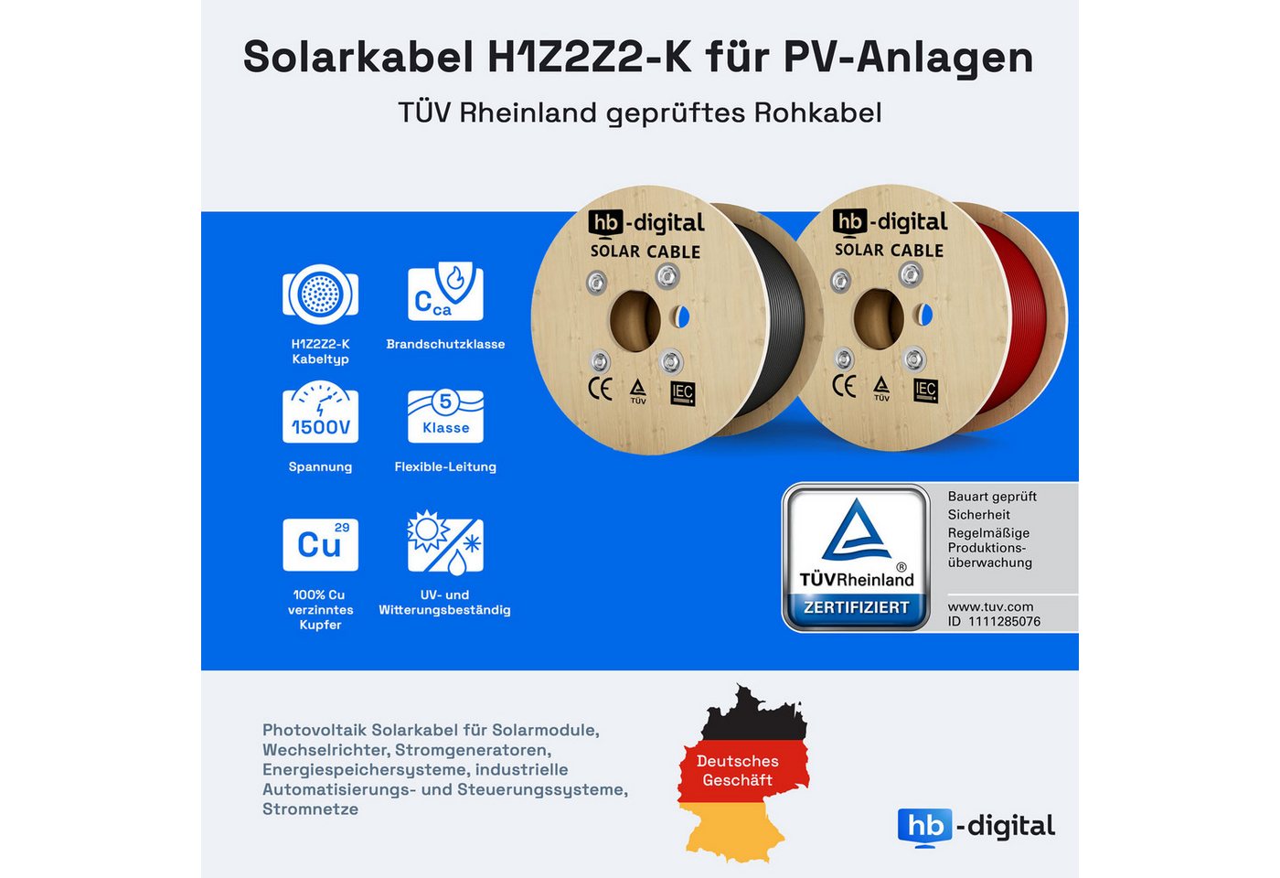HB-DIGITAL Solar Verlängerungskabel 4mm2 mit Solarstecker PV Solarkabel, Solarstecker, (500 cm), Solarkabel 4mm2 und Solarstecker sind vom TÜV Rheinland zertifiziert Bild 2