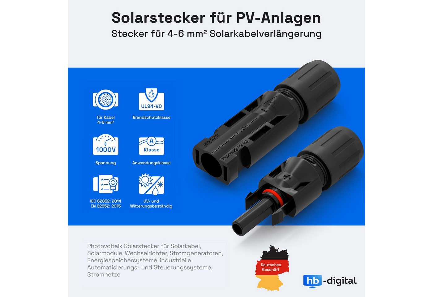 HB-DIGITAL Solar Verlängerungskabel 4mm2 mit Solarstecker PV Solarkabel, Solarstecker, (500 cm), Solarkabel 4mm2 und Solarstecker sind vom TÜV Rheinland zertifiziert Bild 5