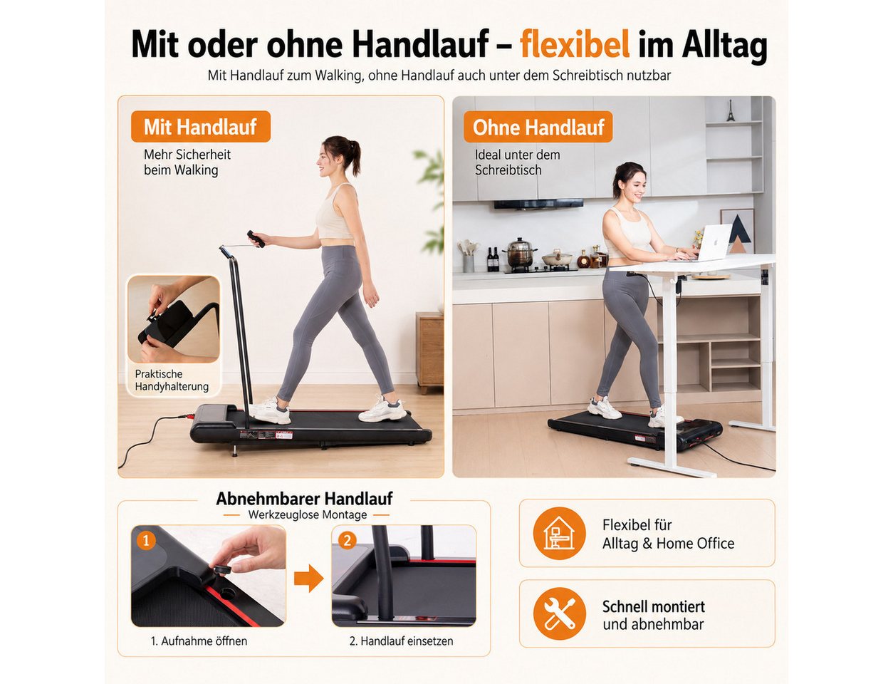 LIKESPORTING Laufband Walking Pad 1–6 km/h, 440W, 3 Steigungsstufen 3/6/9 %, abnehmbarer Handlauf, Fernbedienung, LED-Display,bis 100 kg