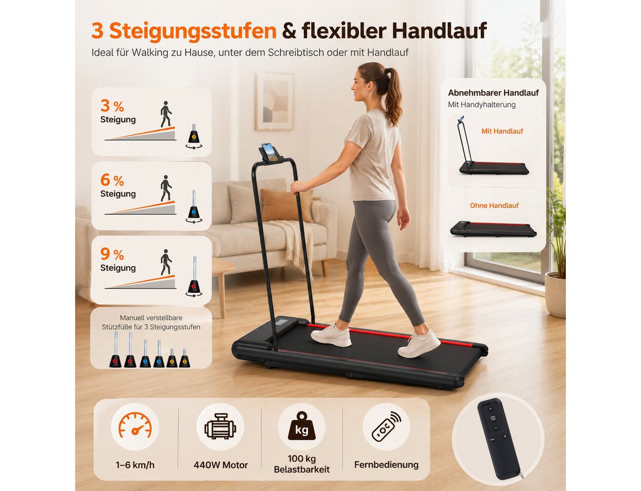 LIKESPORTING Laufband Walking Pad 1–6 km/h, 440W, 3 Steigungsstufen 3/6/9 %, abnehmbarer Handlauf, Fernbedienung, LED-Display,bis 100 kg Bild 2