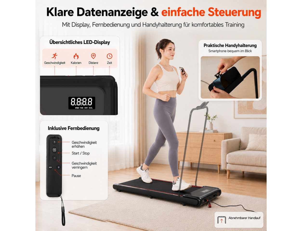 LIKESPORTING Laufband Walking Pad 1–6 km/h, 440W, 3 Steigungsstufen 3/6/9 %, abnehmbarer Handlauf, Fernbedienung, LED-Display,bis 100 kg Bild 3
