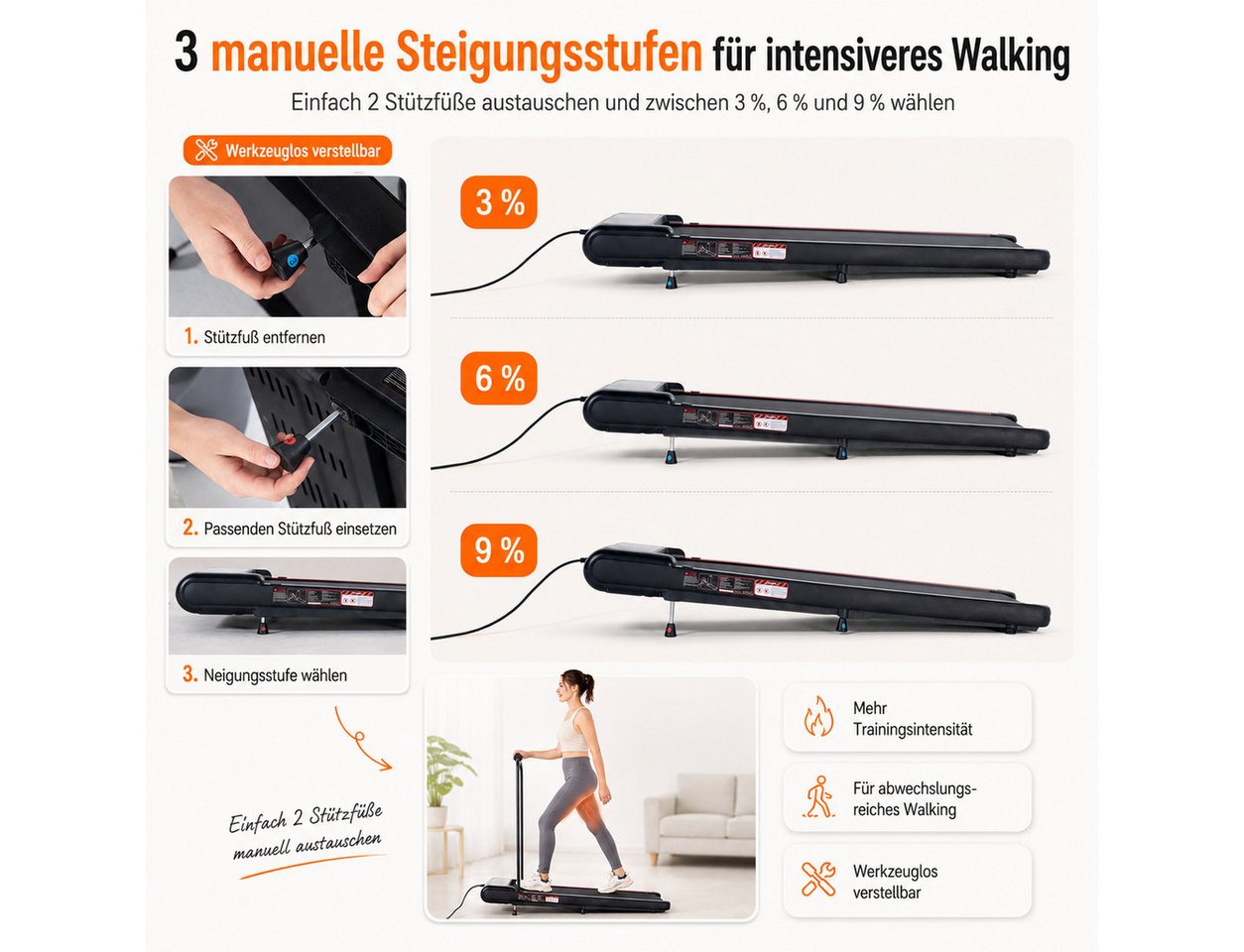 LIKESPORTING Laufband Walking Pad 1–6 km/h, 440W, 3 Steigungsstufen 3/6/9 %, abnehmbarer Handlauf, Fernbedienung, LED-Display,bis 100 kg Bild 5