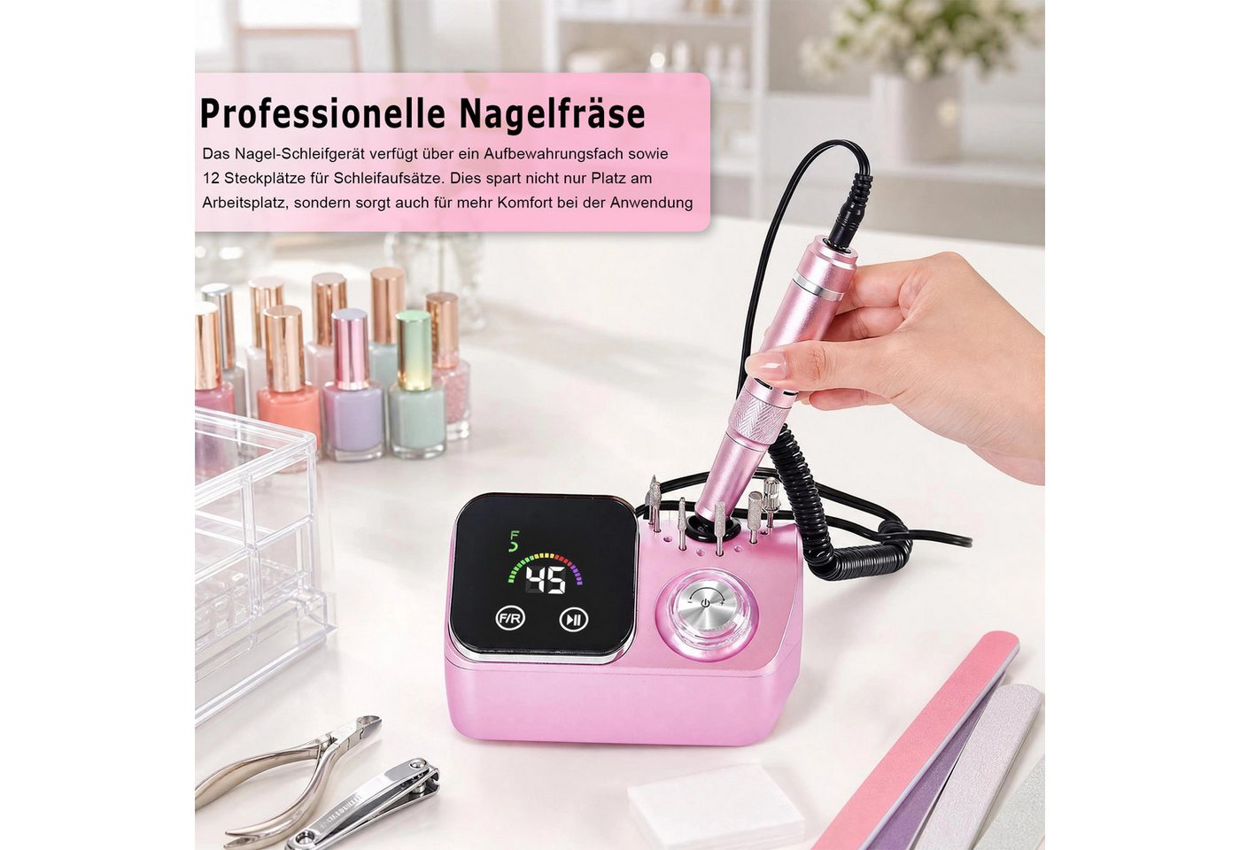 AKKEE Maniküre-Pediküre-Set Elektrischer Nagelfeile Nagelfräser für Gelnägel, 45000 U/min, Profi Nagelfräser mit LCD-Display, 48 Zubehören Bild 3