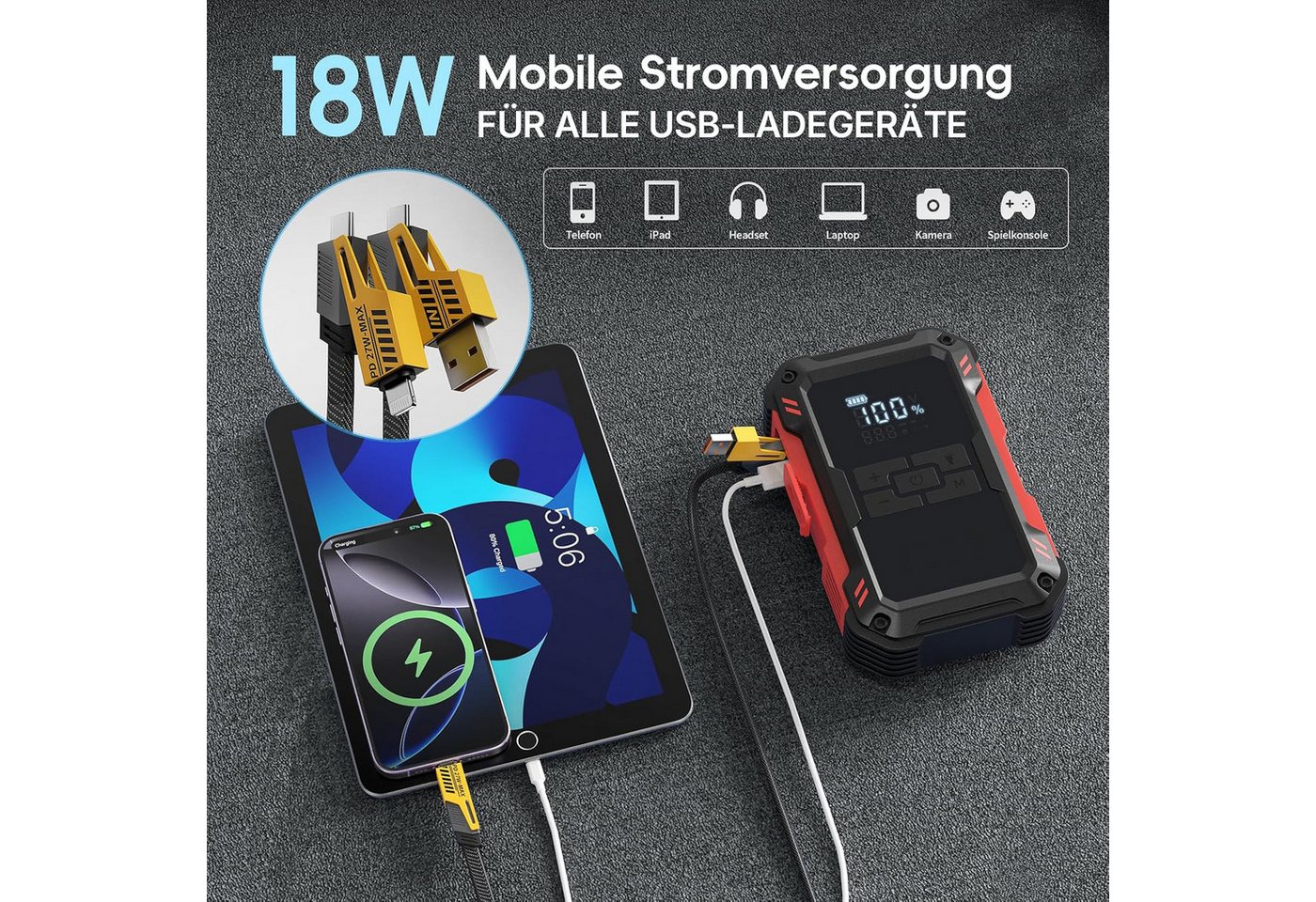 Fyrove Auto Starthilfe Powerbank 4000A 12V Starthilfegerät, 4-in-1 Autobatterie-Ladegerät (10000mAh Starthilfegerät mit 150PSI Kompressor & Smart-Klemmen, Starthilfe Powerbank Benzin bis 9,0L & Diesel bis 6,5L mit USB & DC, 12 Schutzmaßnahmen, Notfall-LED-Licht & LCD Display, -20°C bis 60°C)