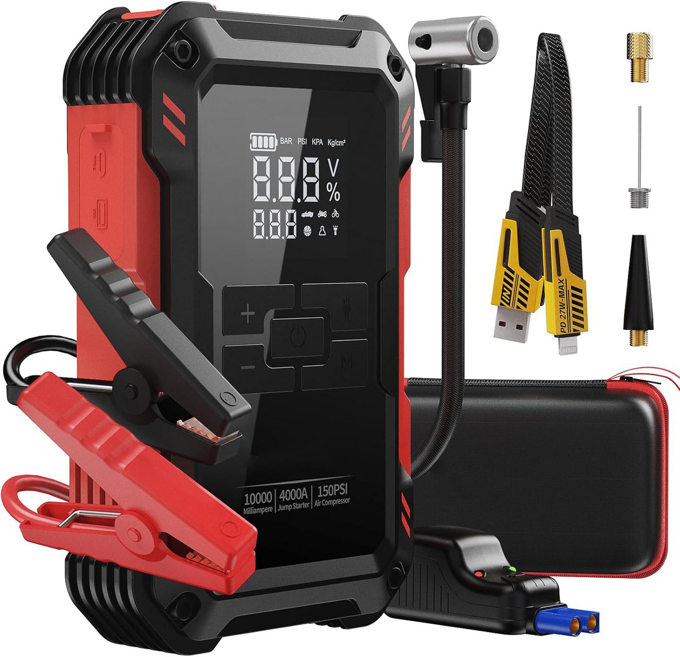 Fyrove Auto Starthilfe Powerbank 4000A 12V Starthilfegerät, 4-in-1 Autobatterie-Ladegerät (10000mAh Starthilfegerät mit 150PSI Kompressor & Smart-Klemmen, Starthilfe Powerbank Benzin bis 9,0L & Diesel bis 6,5L mit USB & DC, 12 Schutzmaßnahmen, Notfall-LED-Licht & LCD Display, -20°C bis 60°C) Bild 2