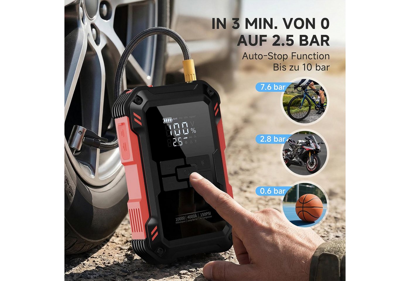 Fyrove Auto Starthilfe Powerbank 4000A 12V Starthilfegerät, 4-in-1 Autobatterie-Ladegerät (10000mAh Starthilfegerät mit 150PSI Kompressor & Smart-Klemmen, Starthilfe Powerbank Benzin bis 9,0L & Diesel bis 6,5L mit USB & DC, 12 Schutzmaßnahmen, Notfall-LED-Licht & LCD Display, -20°C bis 60°C) Bild 3