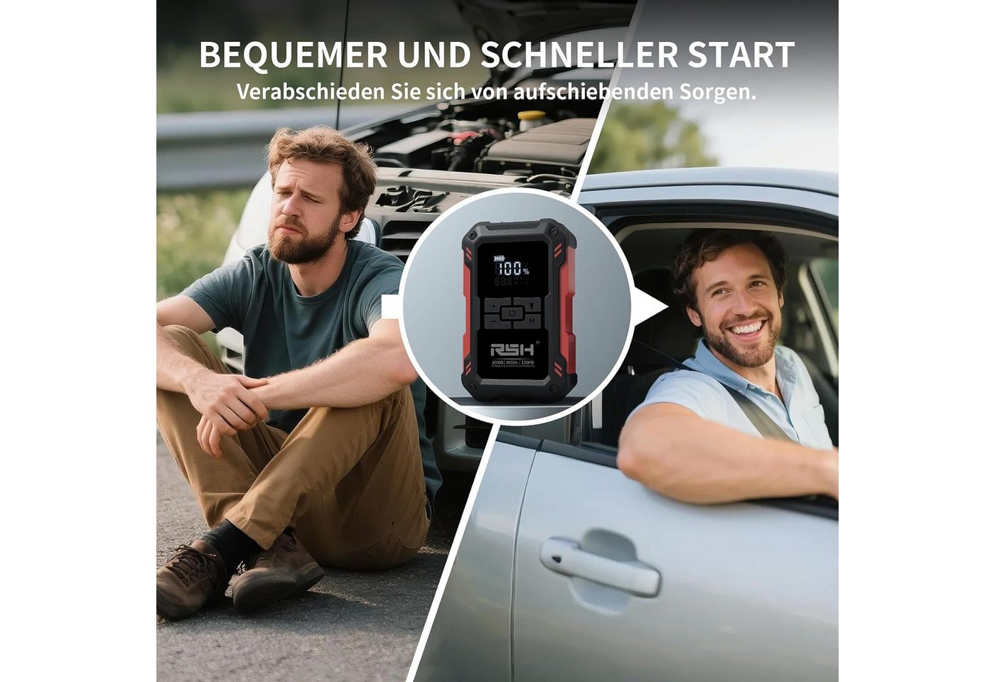 Fyrove Auto Starthilfe Powerbank 4000A 12V Starthilfegerät, 4-in-1 Autobatterie-Ladegerät (10000mAh Starthilfegerät mit 150PSI Kompressor & Smart-Klemmen, Starthilfe Powerbank Benzin bis 9,0L & Diesel bis 6,5L mit USB & DC, 12 Schutzmaßnahmen, Notfall-LED-Licht & LCD Display, -20°C bis 60°C) Bild 4