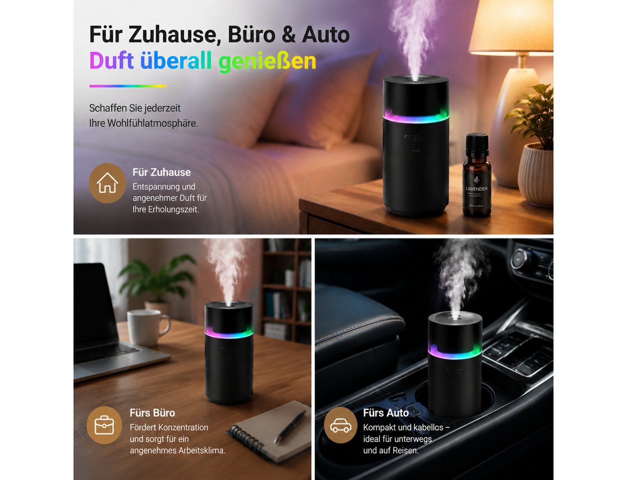 Fyrove Luftbefeuchter Aroma Diffuser Ätherisches Öl Diffuser mit 3000mAh für ätherische Öle, Ätherisches Öl Diffuser, kabelloser Duft Diffusor für Auto & Zuhause Bild 4