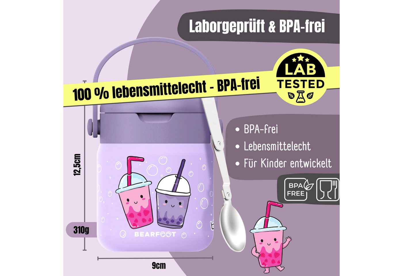 BEARFOOT Trinkflasche Thermobehälter Kinder Edelstahl - Bubble Tea lila, Thermobehälter, auslaufsicher, Edelstahl, Food jar, BPA-frei Bild 4