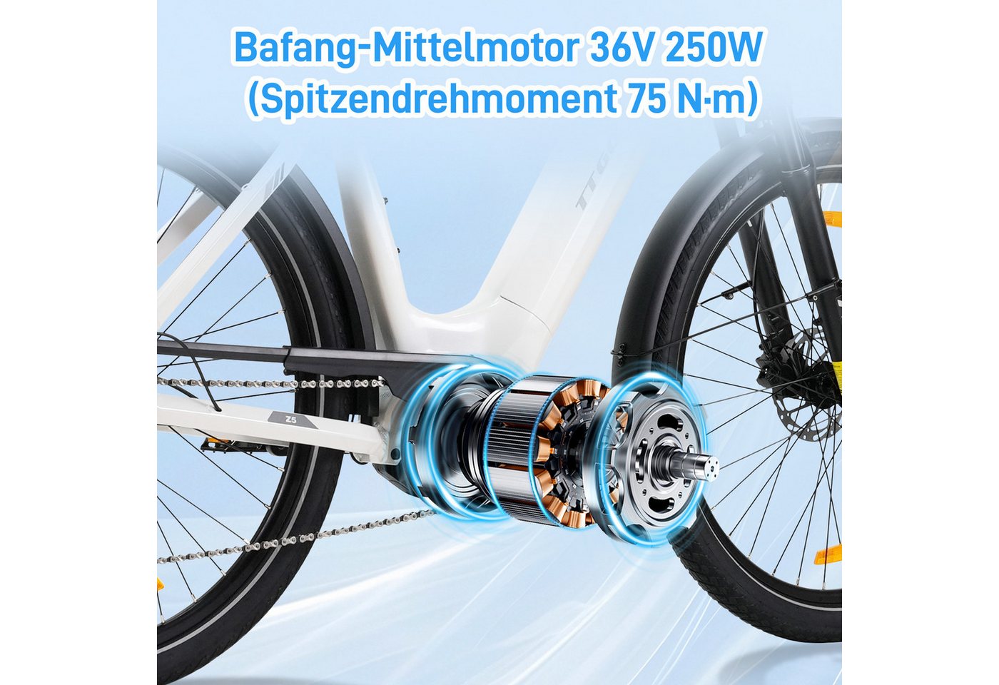 TTGO E-Bike Cityrad 28 Zoll, SUV, Mittelmotor, max. 130km, Z5, Federsattelstütze, 9 Gang, Kettenschaltung, Mittelmotor, 648 Wh, 5 Stufen, Drehmomentsensor, Elektrofahrrad für Damen und Herren
