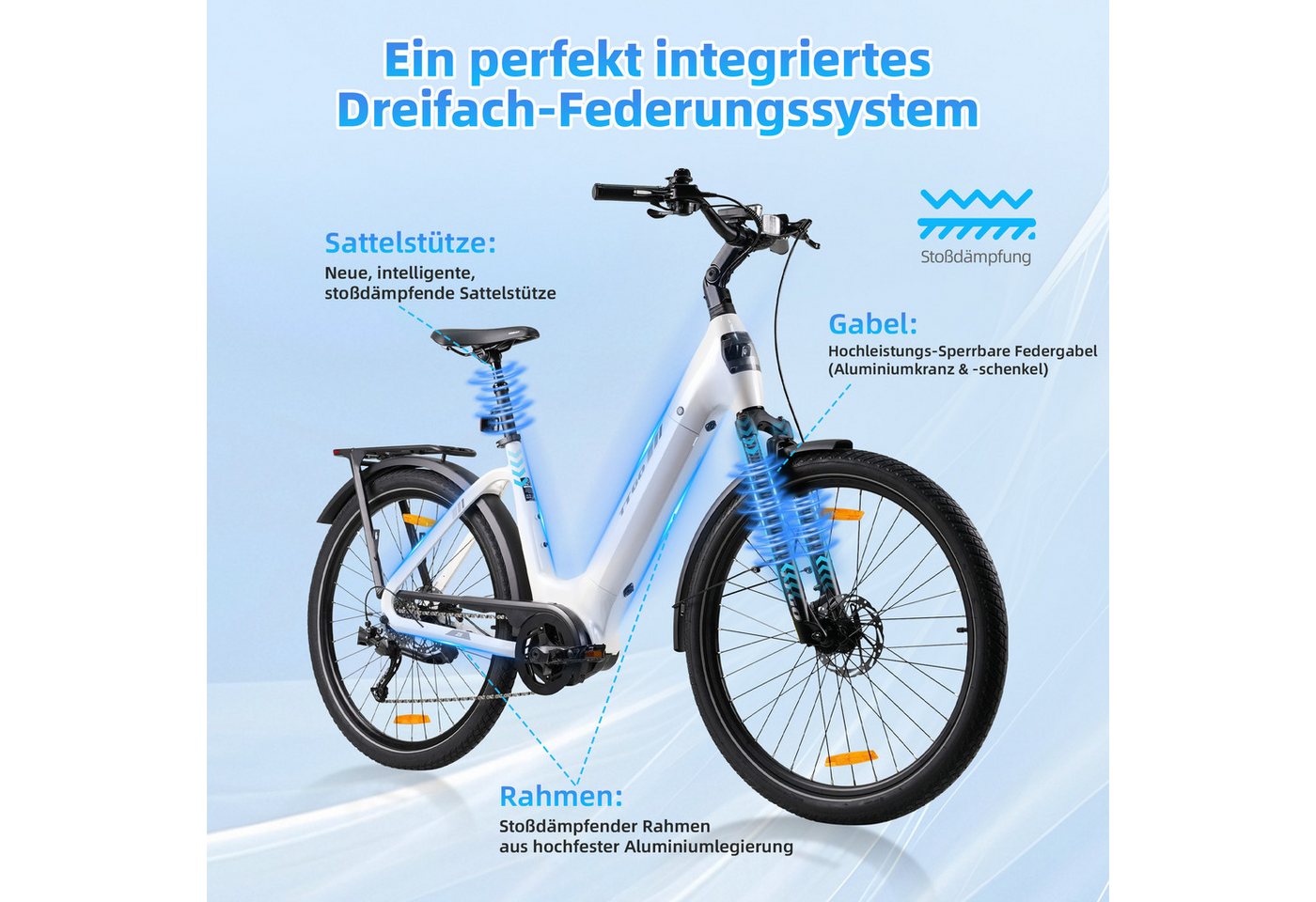 TTGO E-Bike Cityrad 28 Zoll, SUV, Mittelmotor, max. 130km, Z5, Federsattelstütze, 9 Gang, Kettenschaltung, Mittelmotor, 648 Wh, 5 Stufen, Drehmomentsensor, Elektrofahrrad für Damen und Herren Bild 5