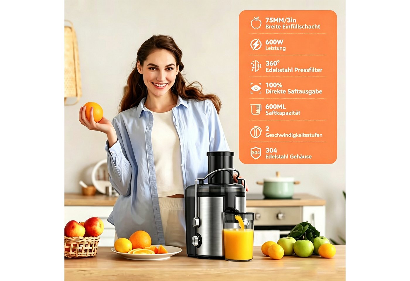 ibettertec Zentrifugenentsafter Zentrifugaler Edelstahl Entsafter für Obst und Gemüse 600W, 600 W, elektrisch, 3 Geschwindigkeitsstufen, Überhitzungsschutz, BPA-frei
