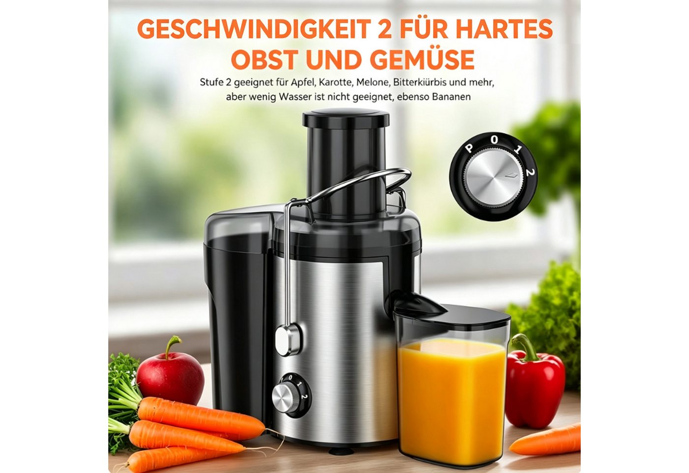 ibettertec Zentrifugenentsafter Zentrifugaler Edelstahl Entsafter für Obst und Gemüse 600W, 600 W, elektrisch, 3 Geschwindigkeitsstufen, Überhitzungsschutz, BPA-frei Bild 5