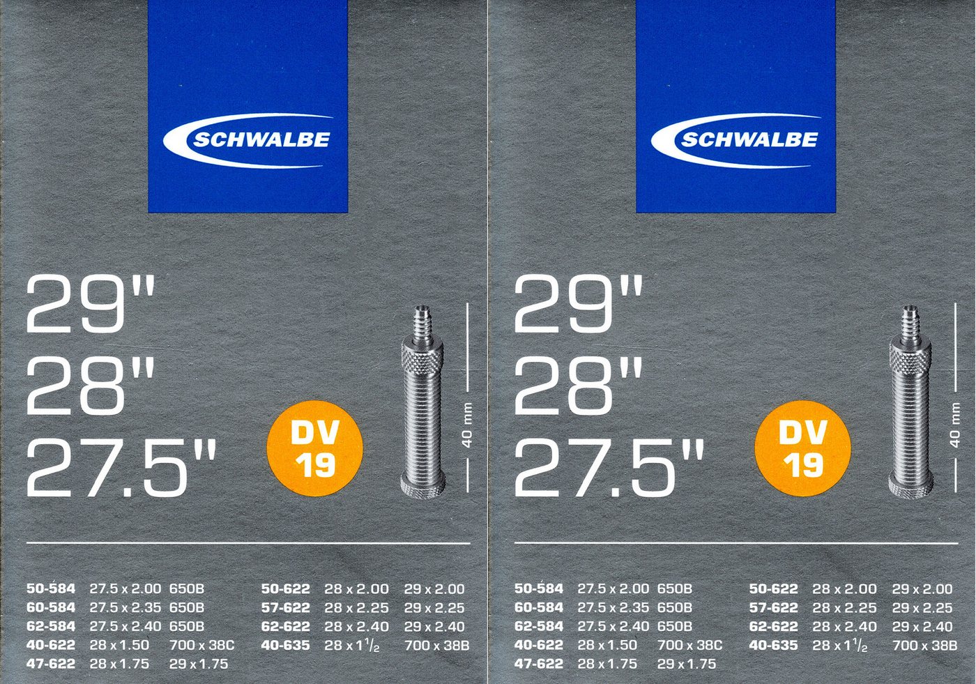 Schwalbe Fahrradschlauch 2x Schwalbe DV 19 Schlauch 29/28 Zoll 27.5x2.00-2.40 28(29)x1.50-2.40, 29, 27.5, (2-St)
