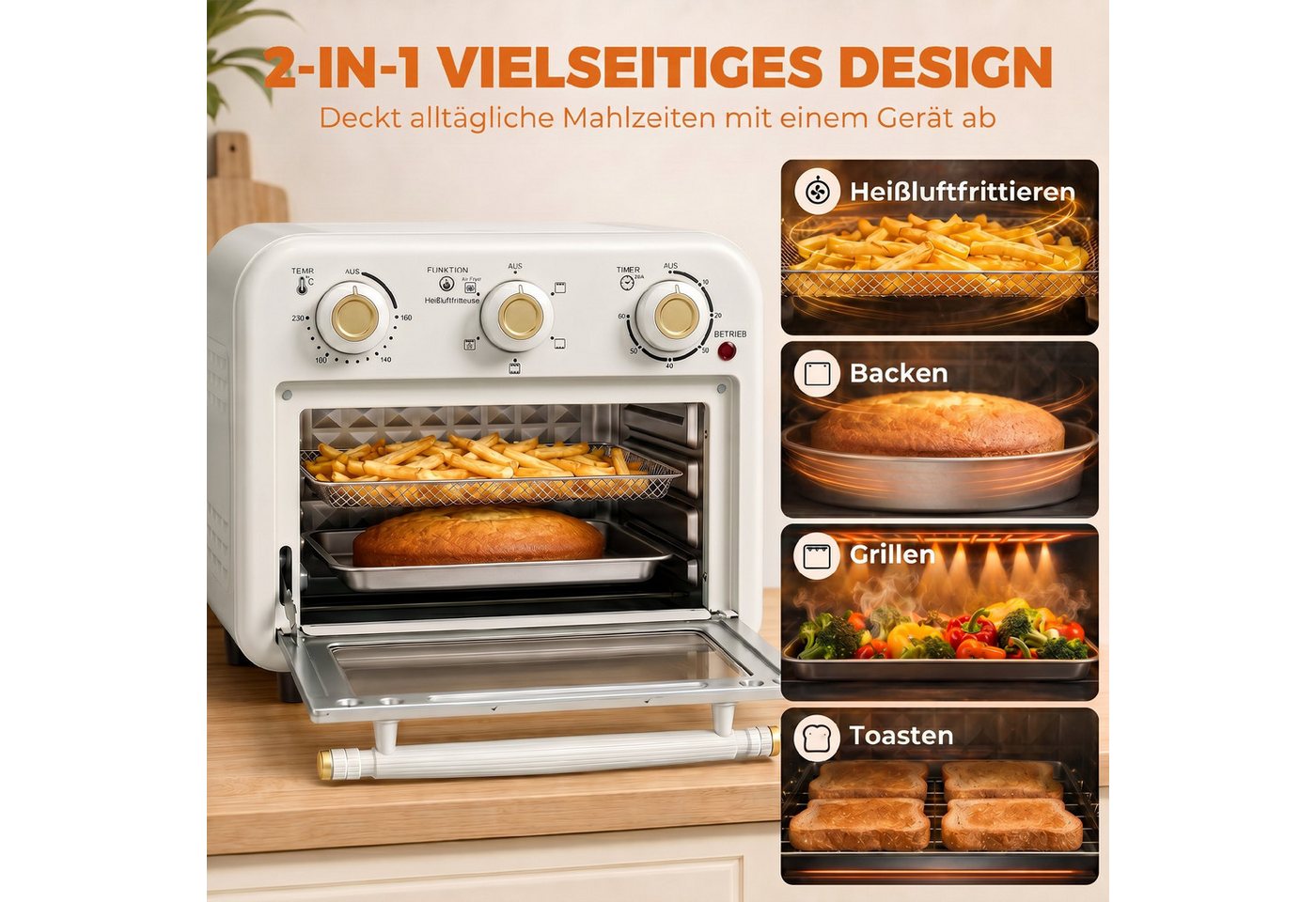 HOMCOM Minibackofen Heißluftfritteuse mit Backblech und Frittierkorb, 2-in-1 Airfryer-Backofen, 12 l, 1200 W