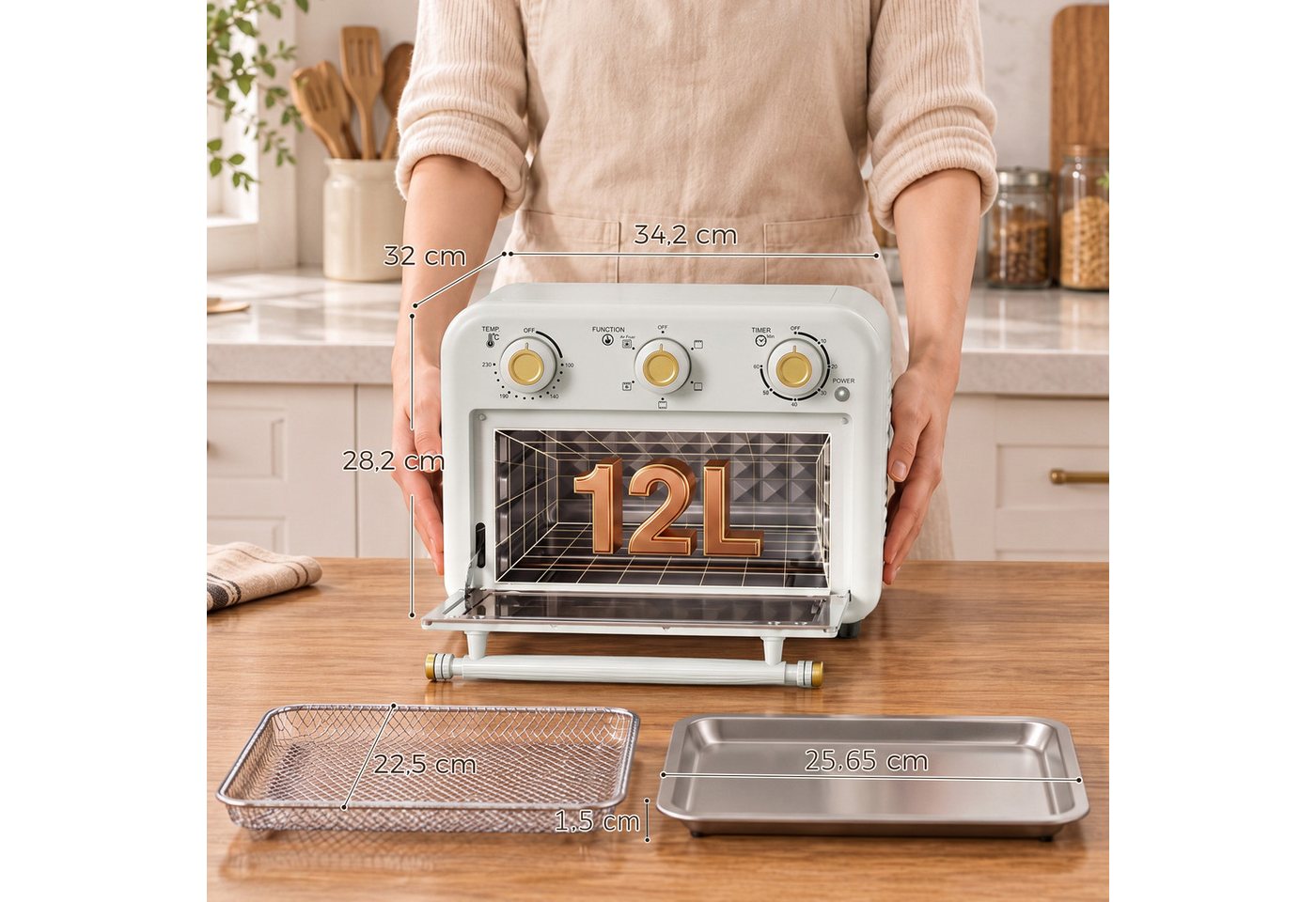 HOMCOM Minibackofen Heißluftfritteuse mit Backblech und Frittierkorb, 2-in-1 Airfryer-Backofen, 12 l, 1200 W Bild 2