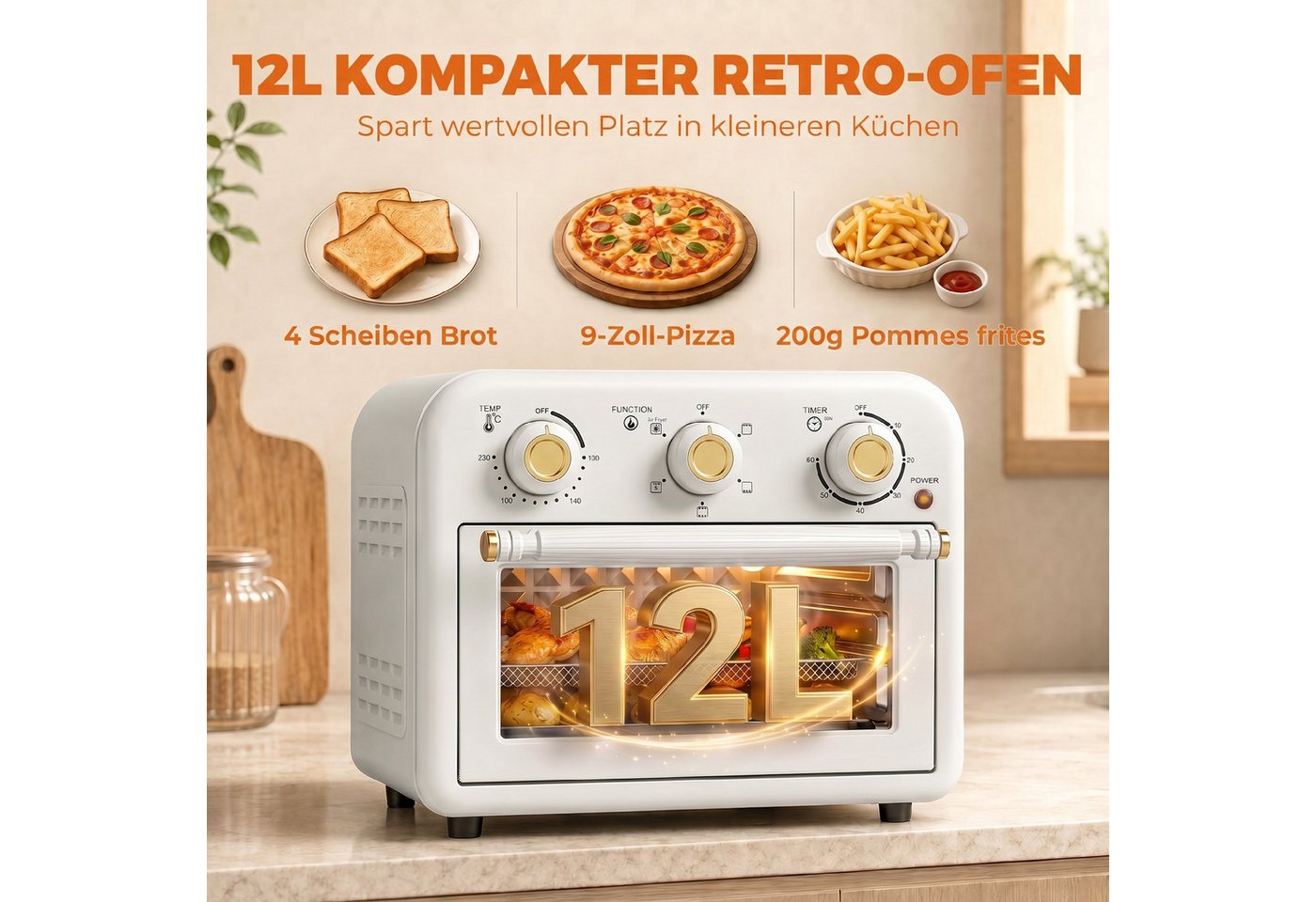 HOMCOM Minibackofen Heißluftfritteuse mit Backblech und Frittierkorb, 2-in-1 Airfryer-Backofen, 12 l, 1200 W Bild 3