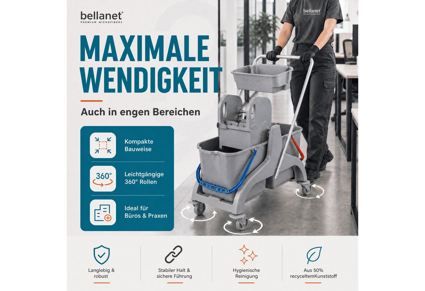 Bellanet Putzwagen bellanet Reinigungswagen mit Mopp-Presse für Gebäudereinigung, leise