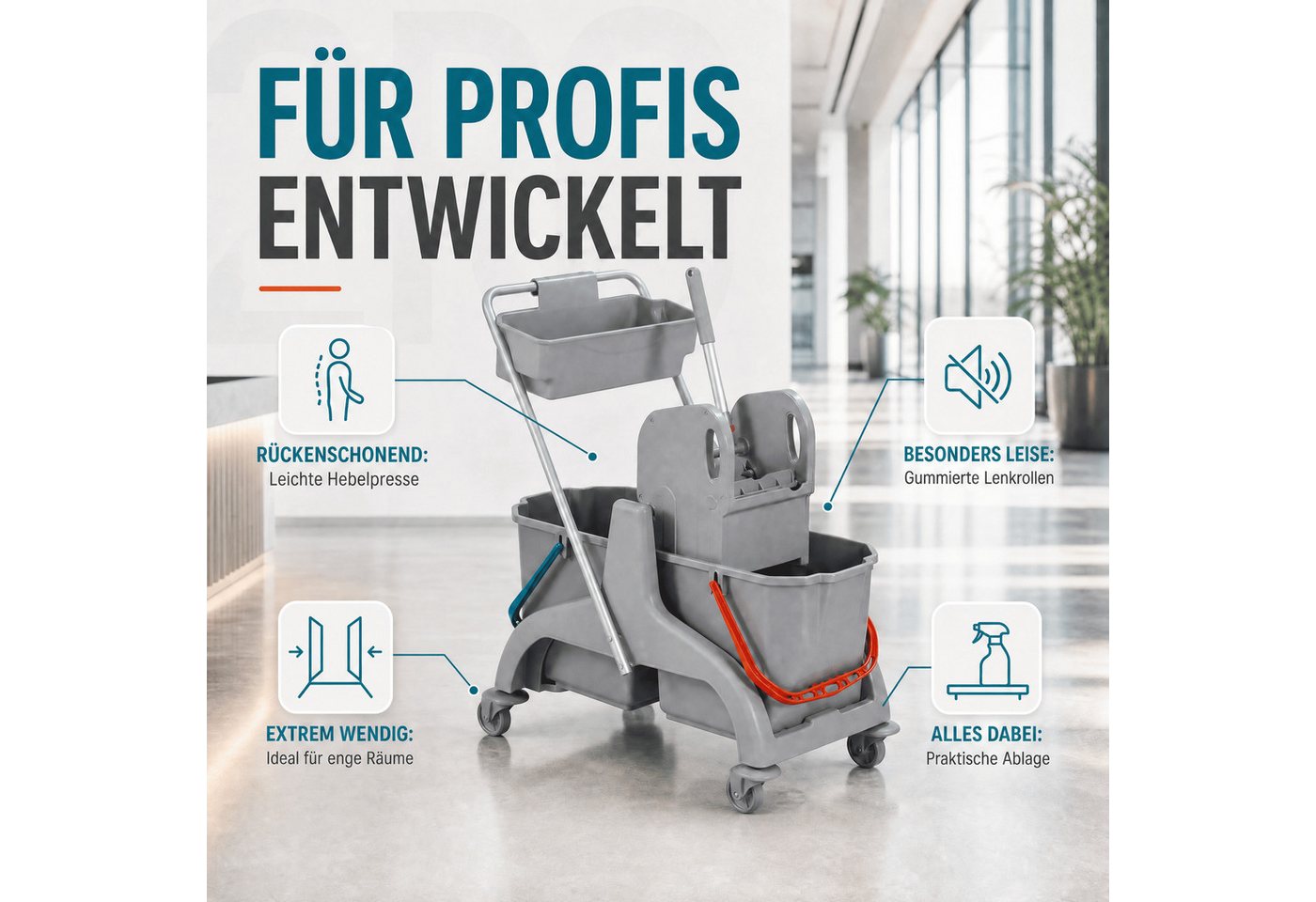 Bellanet Putzwagen bellanet Reinigungswagen mit Mopp-Presse für Gebäudereinigung, leise Bild 4