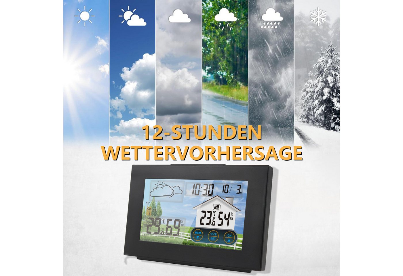 Fyrove, Wetterstation Funk mit Außensensor Wetterstation (mit Wettervorhersage, Innen und Außen Temperatur / Luftfeuchte, Farbdisplay, Wecker mit Schlummerfunktion, für Zuhause Büro Hausgarten) Bild 2