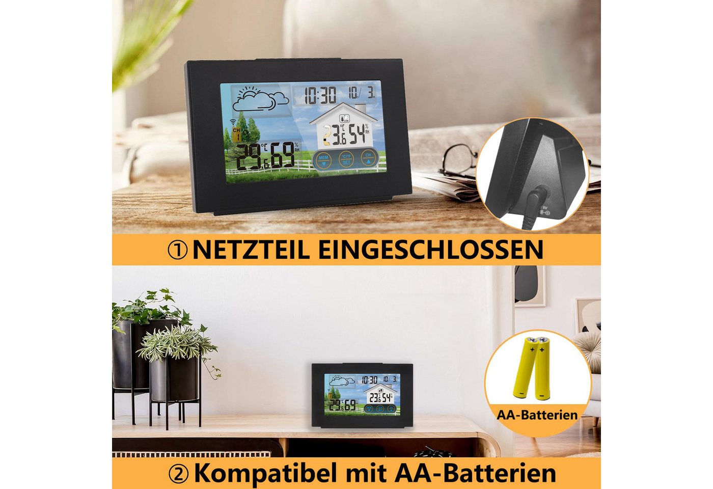 Fyrove, Wetterstation Funk mit Außensensor Wetterstation (mit Wettervorhersage, Innen und Außen Temperatur / Luftfeuchte, Farbdisplay, Wecker mit Schlummerfunktion, für Zuhause Büro Hausgarten) Bild 3