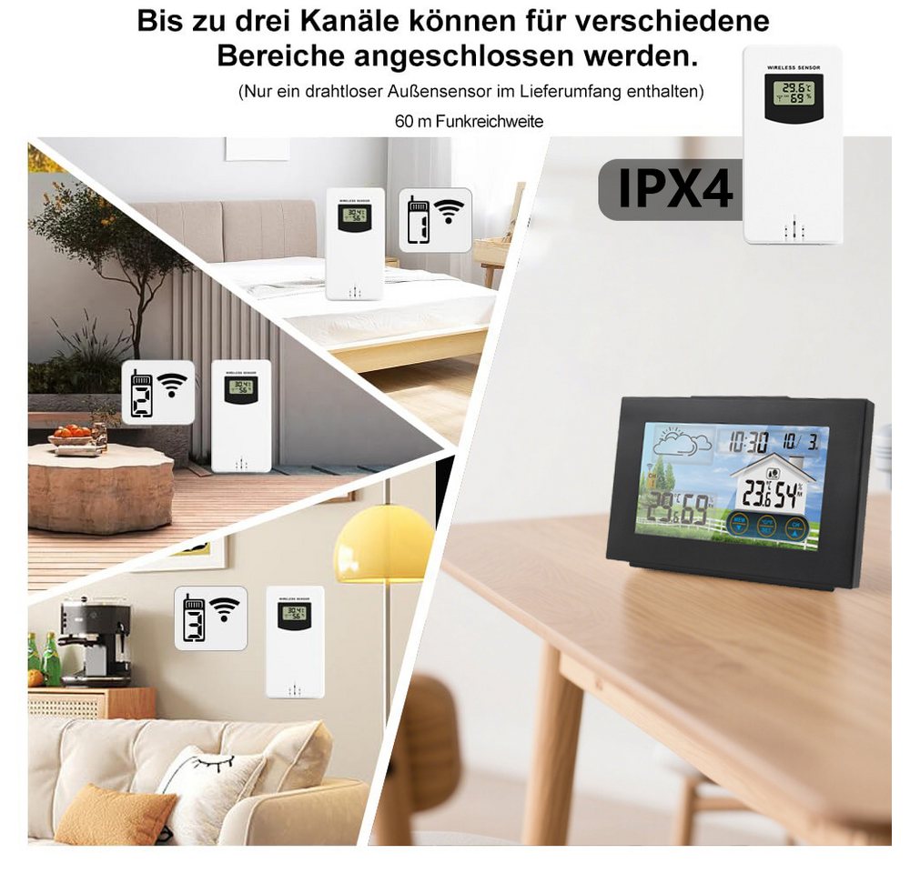 Fyrove, Wetterstation Funk mit Außensensor Wetterstation (mit Wettervorhersage, Innen und Außen Temperatur / Luftfeuchte, Farbdisplay, Wecker mit Schlummerfunktion, für Zuhause Büro Hausgarten) Bild 4