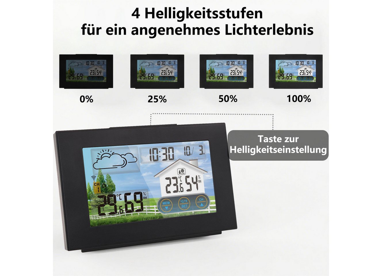 Fyrove, Wetterstation Funk mit Außensensor Wetterstation (mit Wettervorhersage, Innen und Außen Temperatur / Luftfeuchte, Farbdisplay, Wecker mit Schlummerfunktion, für Zuhause Büro Hausgarten) Bild 5