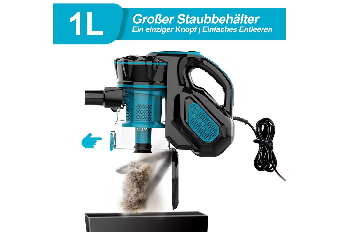 INSE Stielstaubsauger I5, 600 W, beutellos, 18KPa Saugleistung, 6M Kabel, 2-in-1-Bodenbürste, 1 L Staubbehälter Bild 2