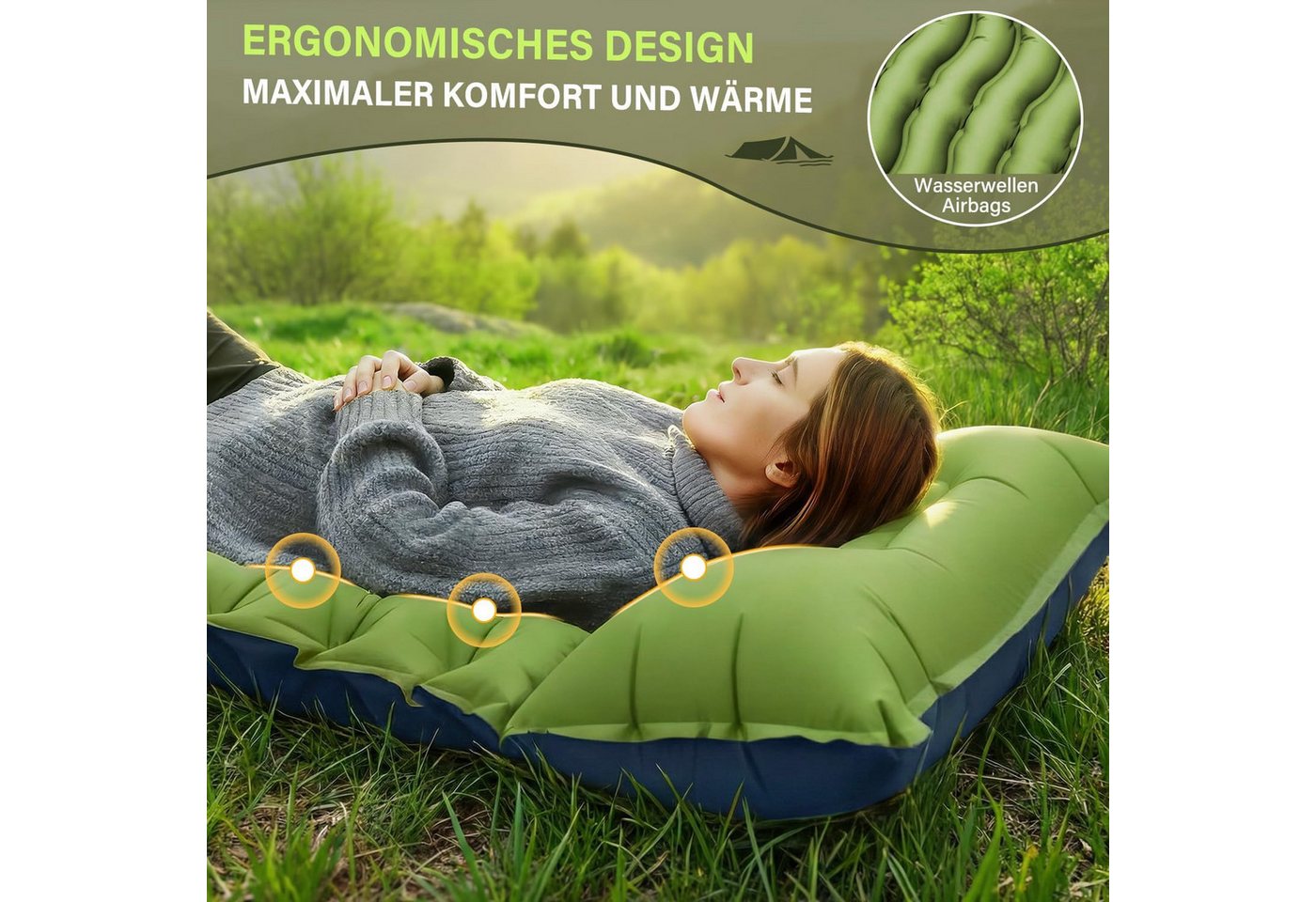 Fyrove Isomatte Camping, Ultraleicht Camping Luftmatratze mit Fußpumpe & Kissen, (Aufblasbare Matratze Kompakte und Leichte, Campingmatte für Wandern Strand Outdoor), Trekking, Reisen und Strand Bild 4