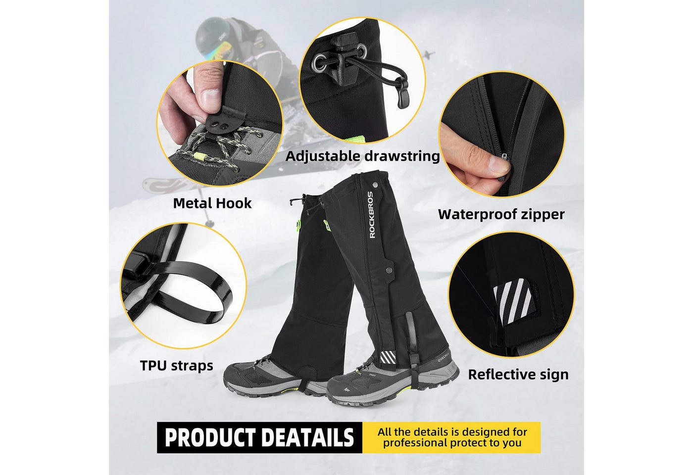 ROCKBROS Gamaschen Gamaschen Wasserdicht Warm Regengamaschen Schnee Gaiters zum Outdoor, Abriebfest, wasser- und winddicht