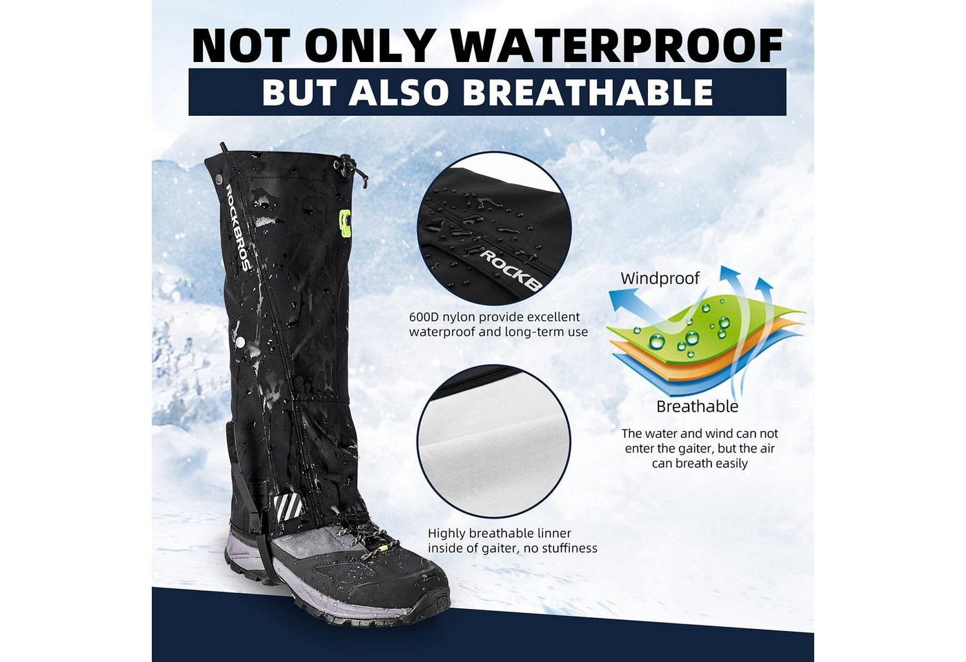 ROCKBROS Gamaschen Gamaschen Wasserdicht Warm Regengamaschen Schnee Gaiters zum Outdoor, Abriebfest, wasser- und winddicht Bild 3