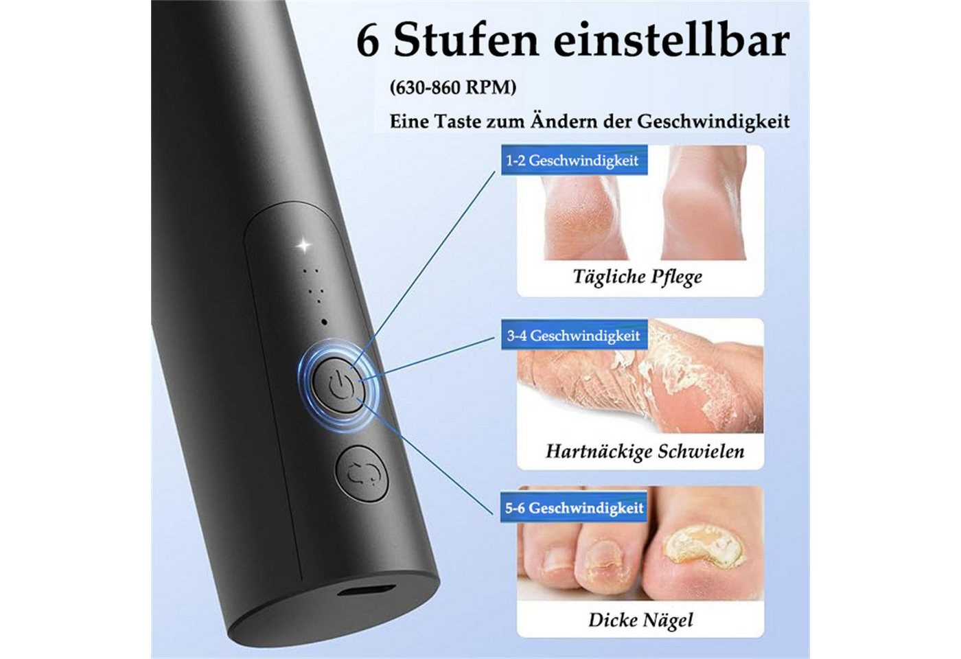 AURIVION Elektrischer Hornhautentferner Elektrischer Hornhautentferner 2-in-1 mit 6 Stufen, Set, 1-tlg., Elektrischer Hornhautentferner für Fußpflege zu Hause, Fußfeile & Nagelschleifer elektrisch für präzise Pflege