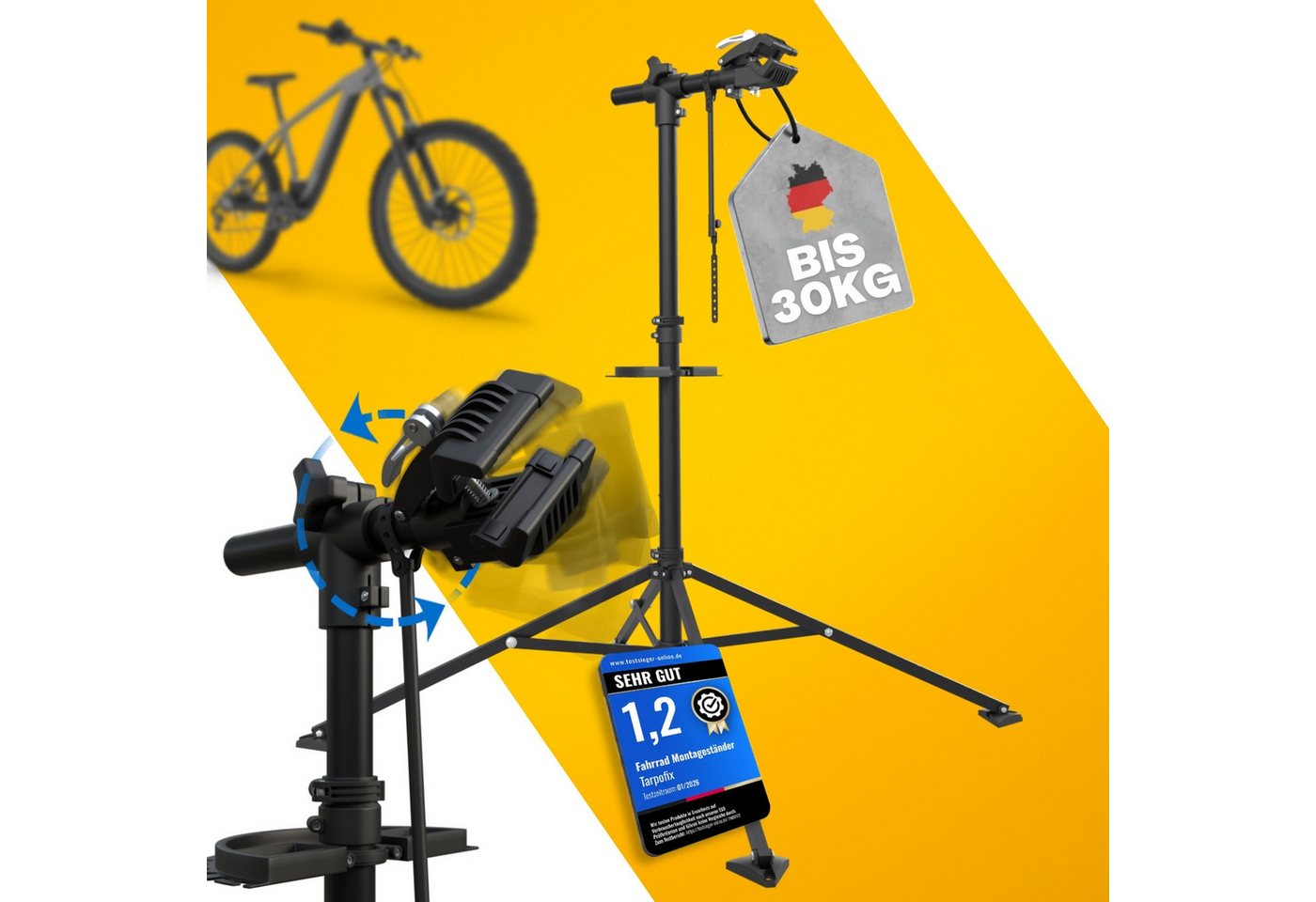 Tarpofix® Fahrrad-Montageständer Fahrrad Montageständer 30 kg klappbar Reparaturständer, Schwarz: Fahrrad Reparaturständer schwarz mit 360° Klemmkopf