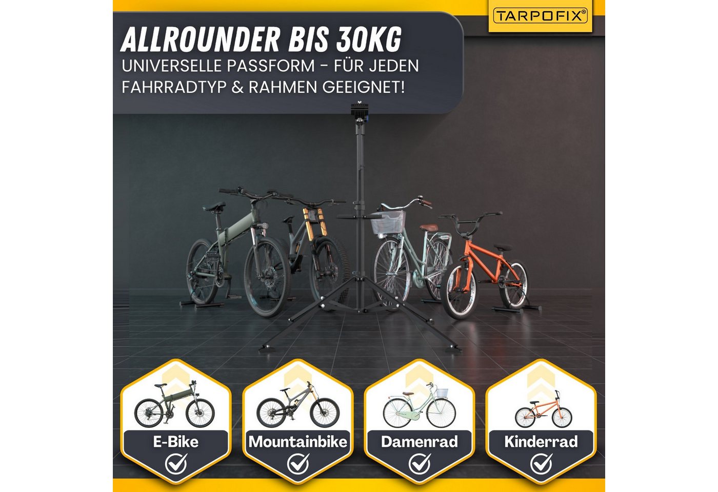 Tarpofix® Fahrrad-Montageständer Fahrrad Montageständer 30 kg klappbar Reparaturständer, Schwarz: Fahrrad Reparaturständer schwarz mit 360° Klemmkopf Bild 2