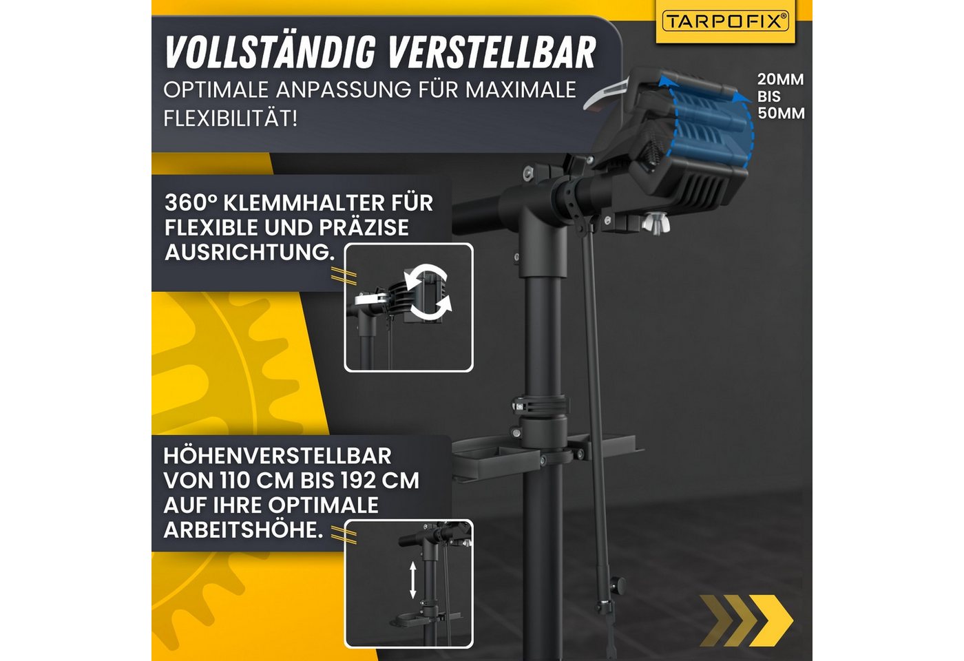 Tarpofix® Fahrrad-Montageständer Fahrrad Montageständer 30 kg klappbar Reparaturständer, Schwarz: Fahrrad Reparaturständer schwarz mit 360° Klemmkopf Bild 4