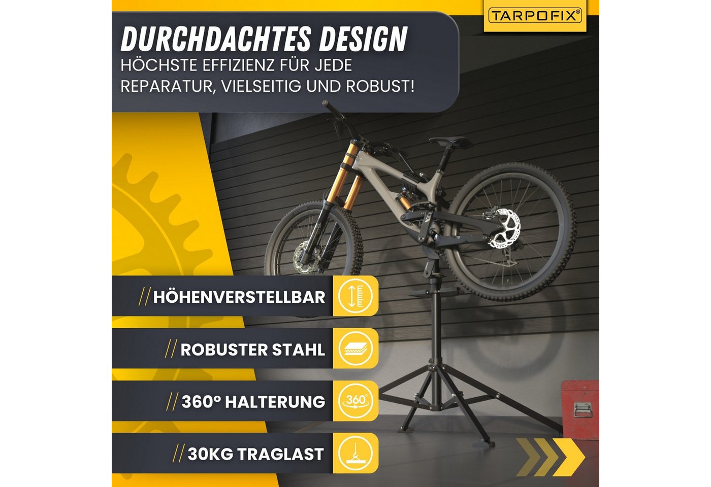 Tarpofix® Fahrrad-Montageständer Fahrrad Montageständer 30 kg klappbar Reparaturständer, Schwarz: Fahrrad Reparaturständer schwarz mit 360° Klemmkopf Bild 5
