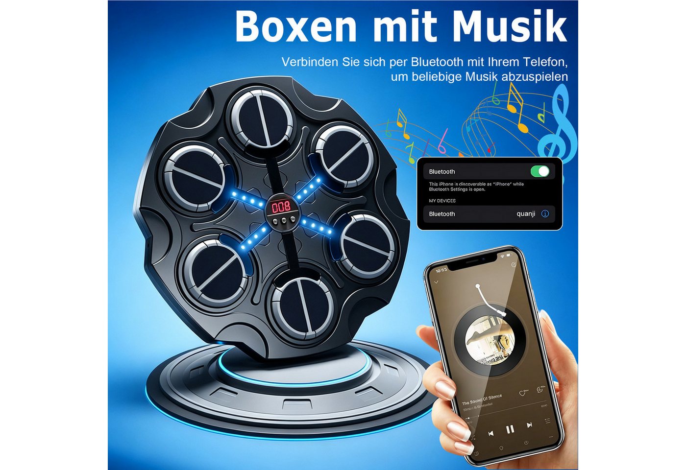 AKKEE Boxmaschine Musik Boxmaschine mit Bluetooth, LED, Music Boxing Machine für Kinder, Intelligentes Boxtraining mit Handschuhen, Reaktions, Fitness Training