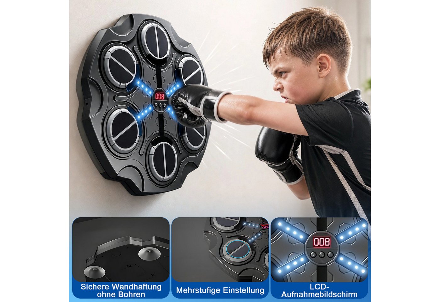 AKKEE Boxmaschine Musik Boxmaschine mit Bluetooth, LED, Music Boxing Machine für Kinder, Intelligentes Boxtraining mit Handschuhen, Reaktions, Fitness Training Bild 4