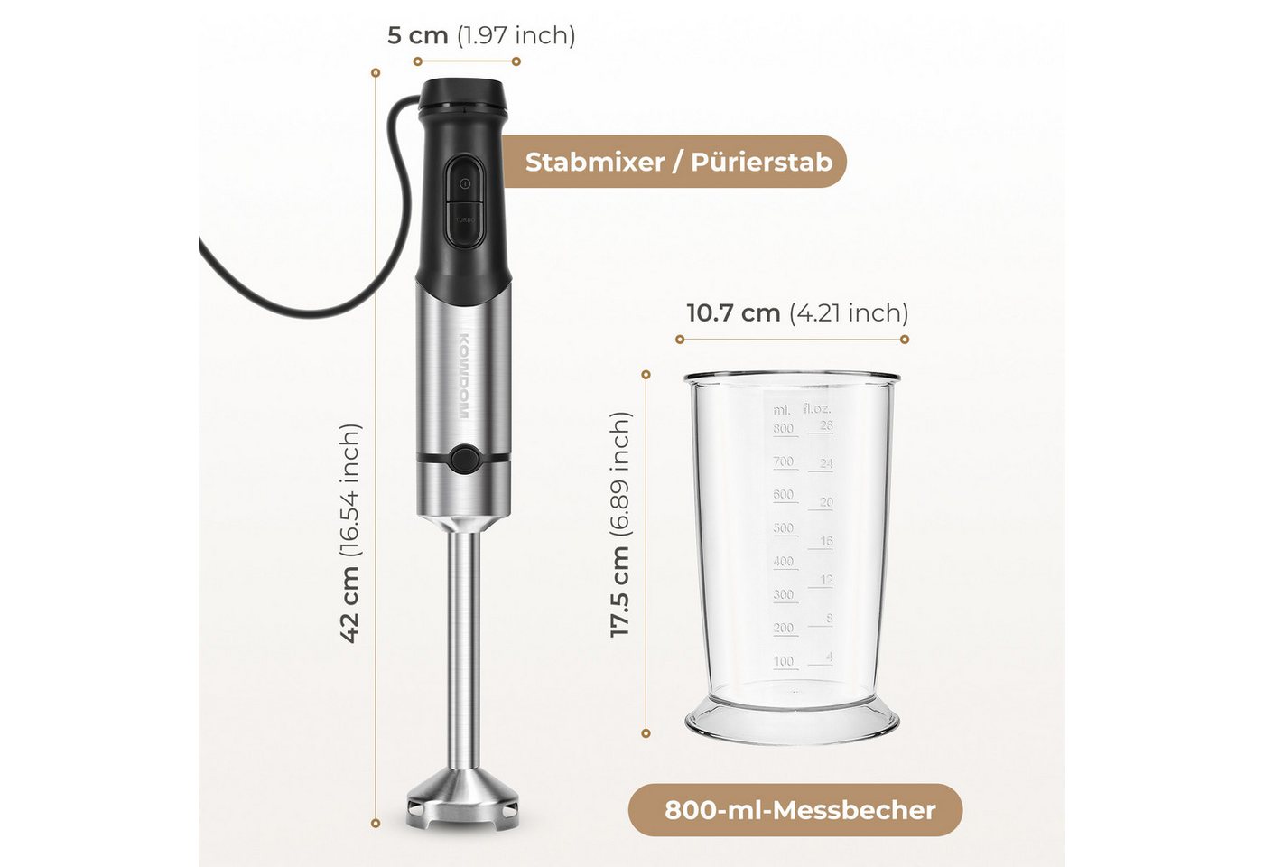 kowdom Stabmixer 1200W Stabmixer Edelstahl,12 Stufen,Turbotaste,800ml Becher, 1200 W Bild 4