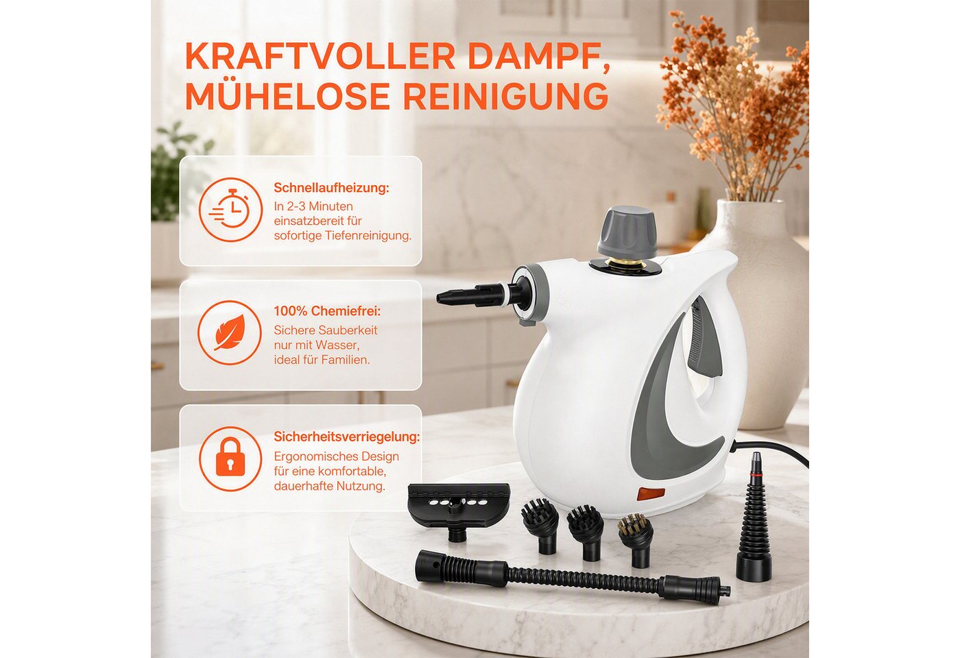 AKKEE Dampfreiniger Handdampfreiniger für das Haus Mehrzweck mit 12-teiligem Zubehör, 1050 W, Dampfreiniger für Böden, Küche, Fenster, Badezimmer und Auto