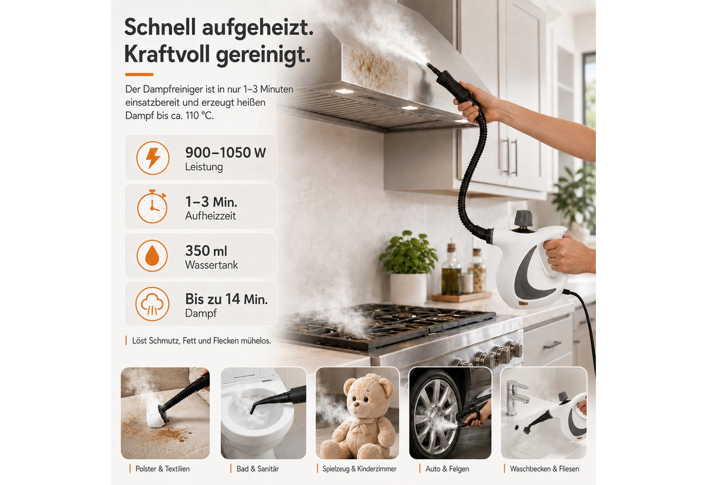 AKKEE Dampfreiniger Handdampfreiniger für das Haus Mehrzweck mit 12-teiligem Zubehör, 1050 W, Dampfreiniger für Böden, Küche, Fenster, Badezimmer und Auto Bild 2