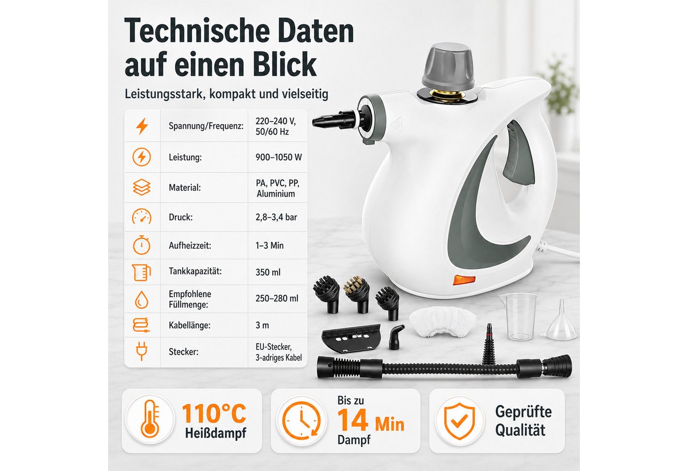 AKKEE Dampfreiniger Handdampfreiniger für das Haus Mehrzweck mit 12-teiligem Zubehör, 1050 W, Dampfreiniger für Böden, Küche, Fenster, Badezimmer und Auto Bild 3