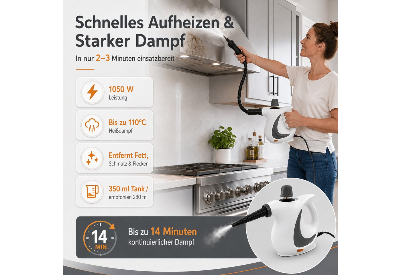 AKKEE Dampfreiniger Handdampfreiniger für das Haus Mehrzweck mit 12-teiligem Zubehör, 1050 W, Dampfreiniger für Böden, Küche, Fenster, Badezimmer und Auto Bild 5