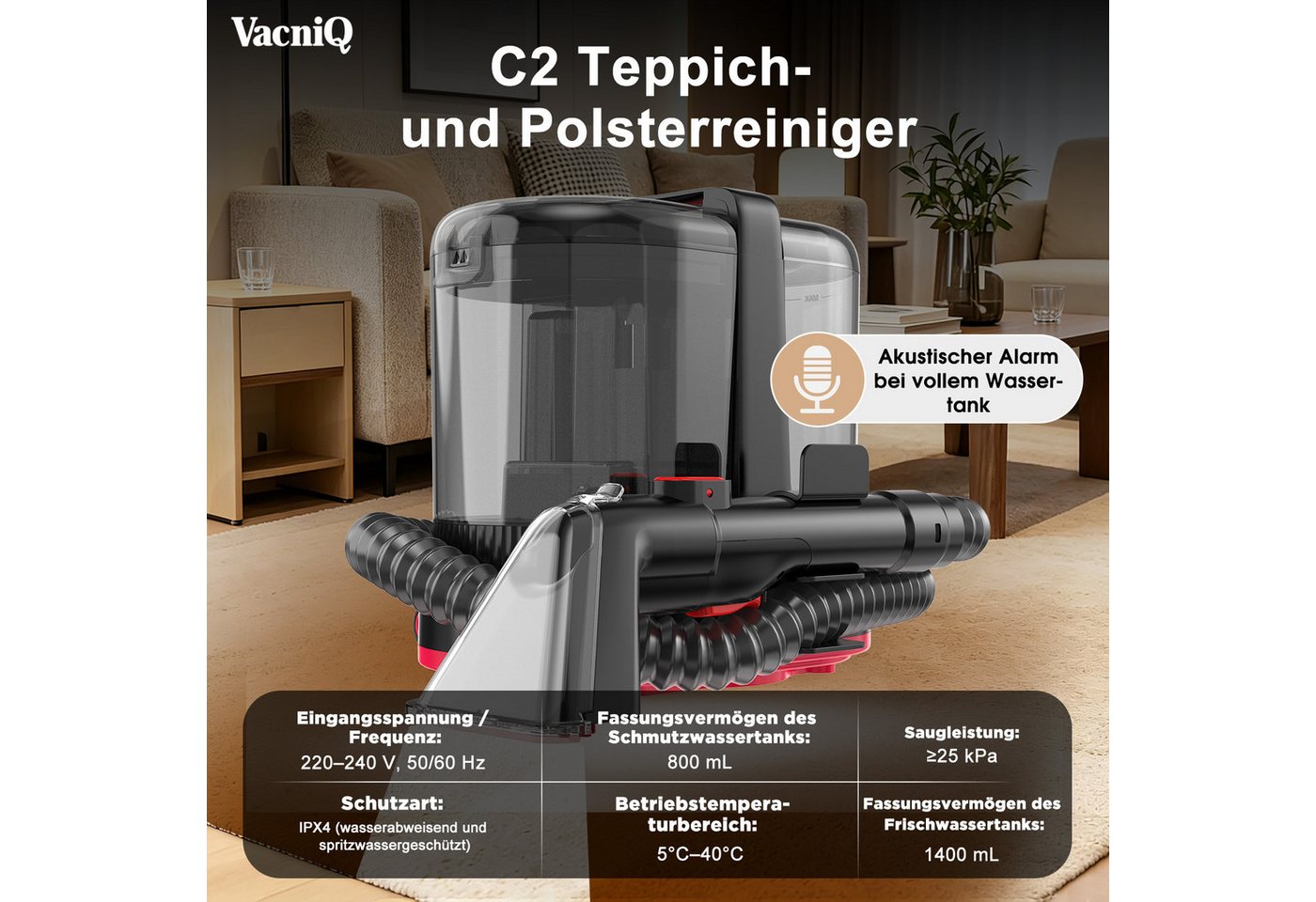 VacniQ Teppichreinigungsgerät Waschsauger 25000Pa Saugkraft, Teppichreiniger, 600W/1800W, Polsterreiniger Gerät, für Sofas,Teppiche,Auto,Matratze