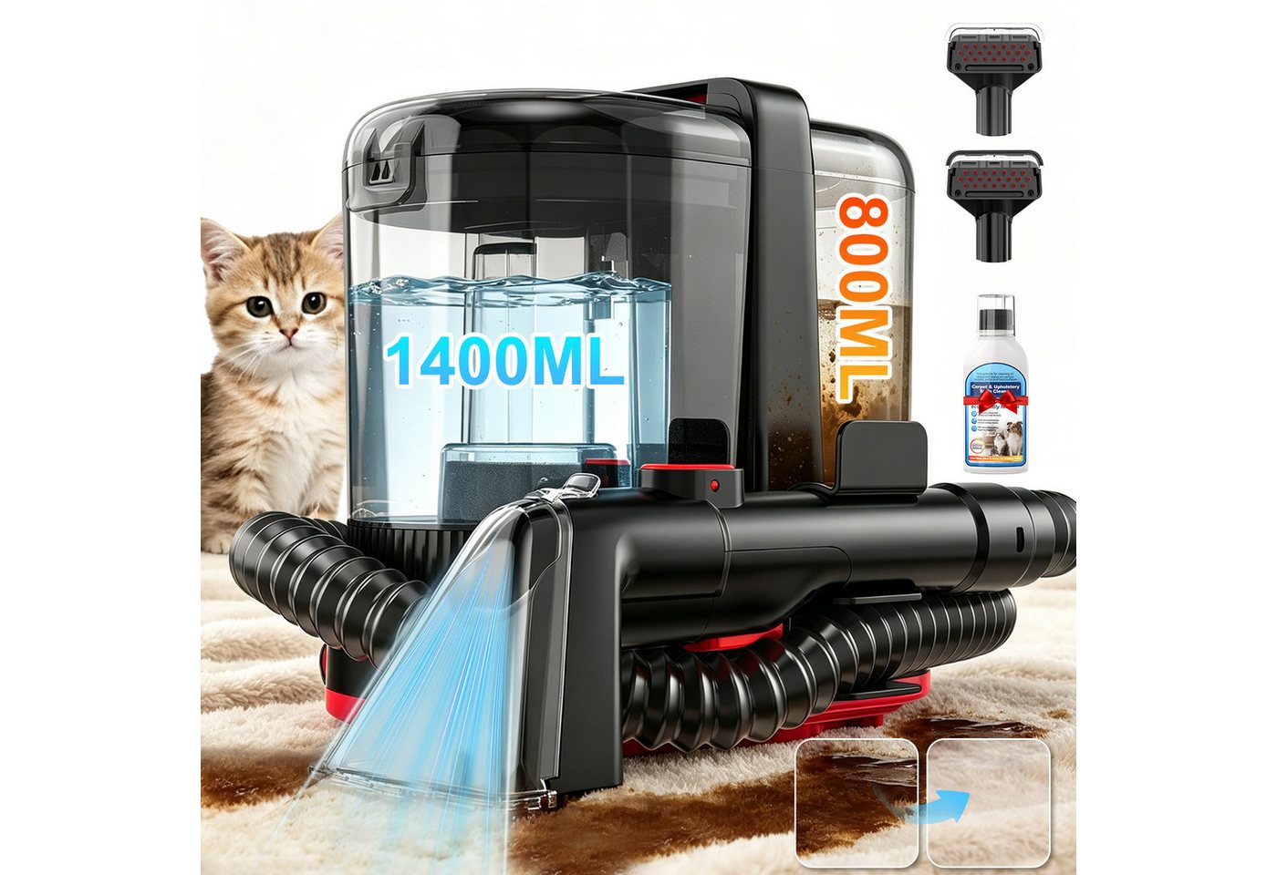 VacniQ Teppichreinigungsgerät Waschsauger 25000Pa Saugkraft, Teppichreiniger, 600W/1800W, Polsterreiniger Gerät, für Sofas,Teppiche,Auto,Matratze Bild 2